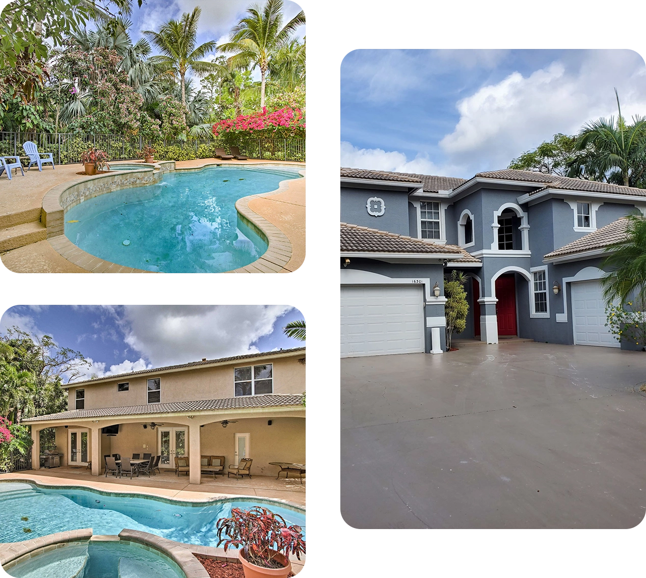 A collage of pictures with pools and houses